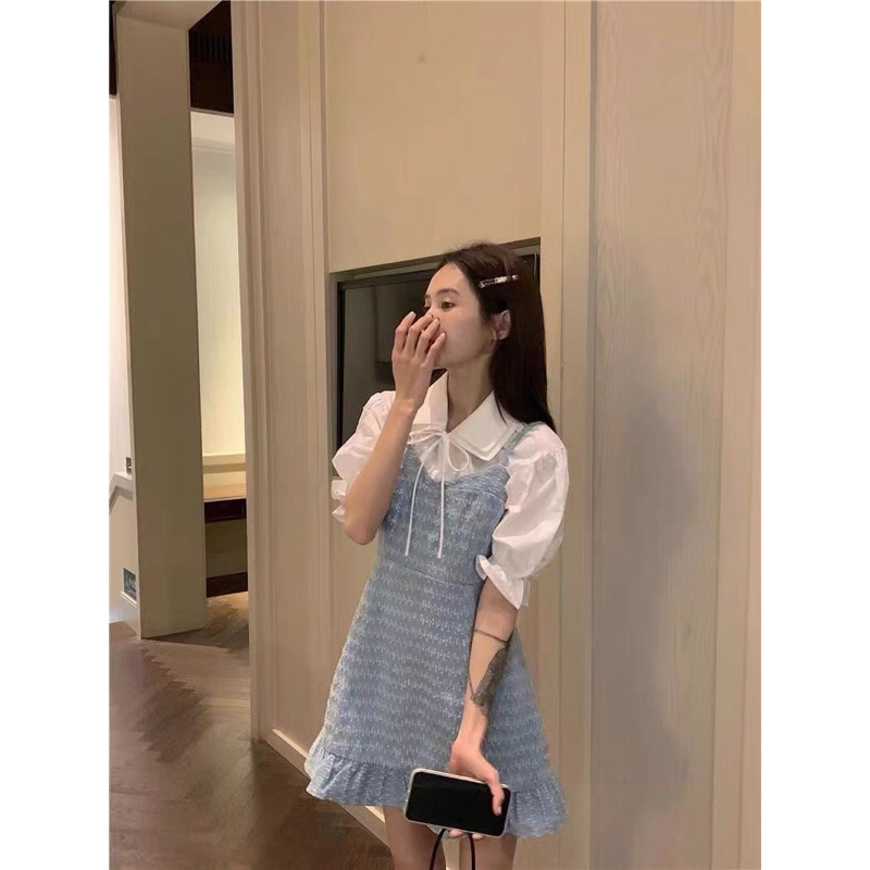 Set áo sơ mi trắng ngắn tay + váy 2 dây xanh đuôi cá dễ thương Hàn Quốc