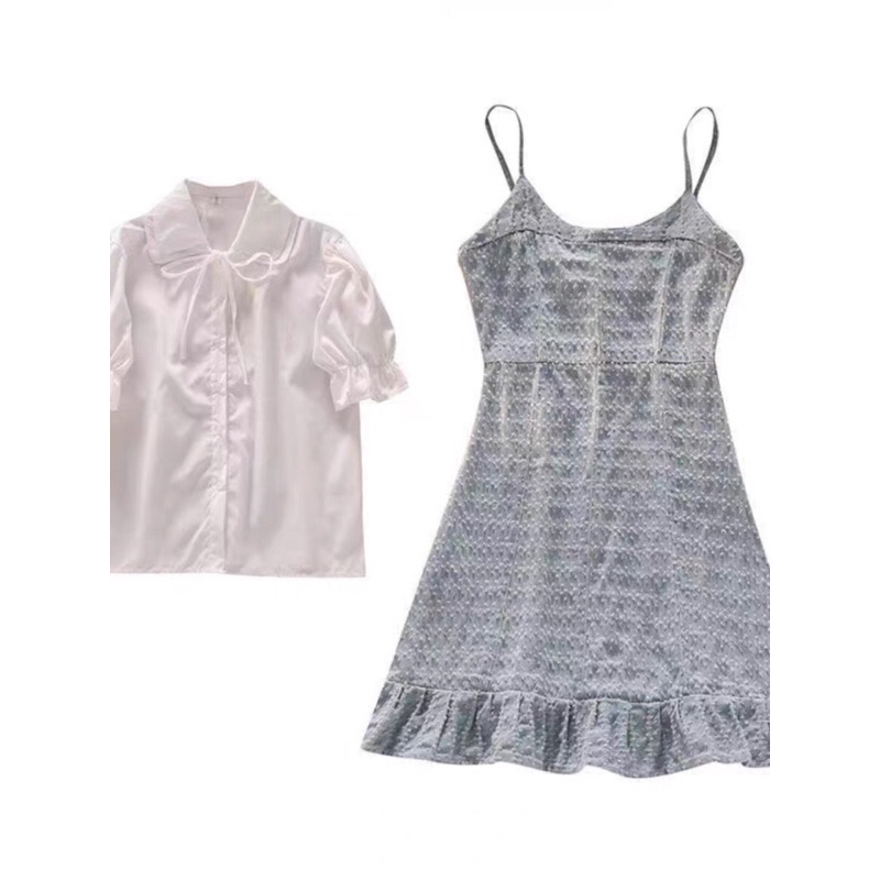 Set áo sơ mi trắng ngắn tay + váy 2 dây xanh đuôi cá dễ thương Hàn Quốc