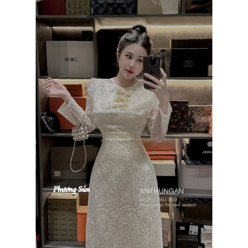 Váy Ren 3 nơ tay dài Nâu- kem 💯HÀNG THIẾT KẾ TẾT 2024 💖