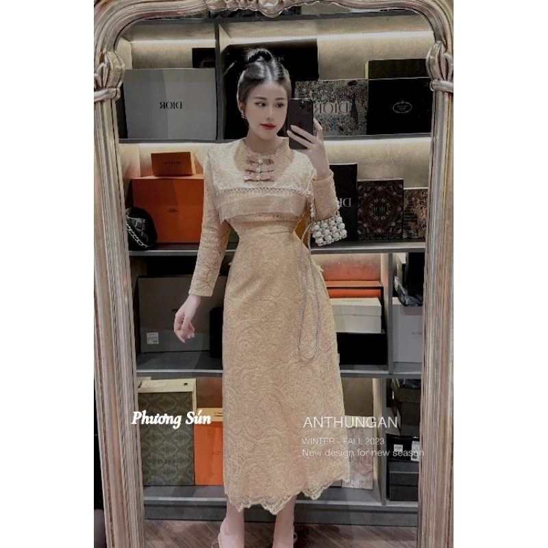 Váy Ren 3 nơ tay dài Nâu- kem 💯HÀNG THIẾT KẾ TẾT 2024 💖