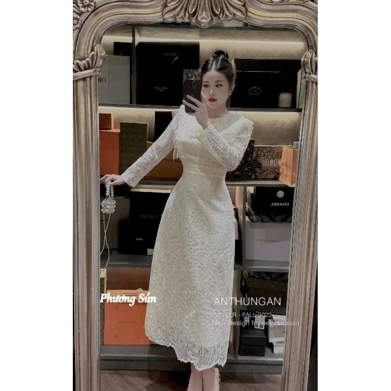 Váy Ren 3 nơ tay dài Nâu- kem 💯HÀNG THIẾT KẾ TẾT 2024 💖