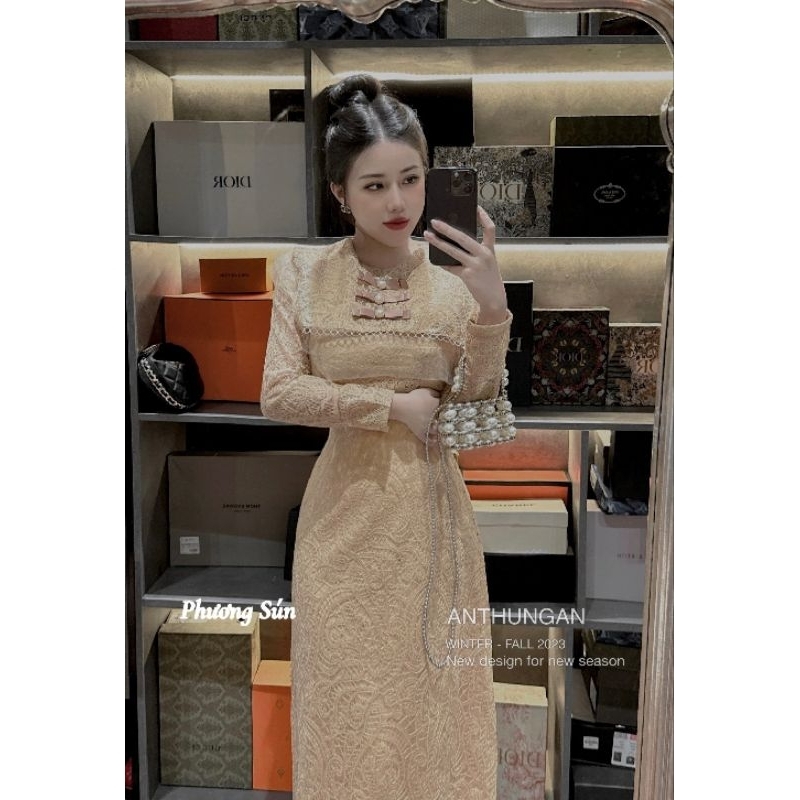 Váy Ren 3 nơ tay dài Nâu- kem 💯HÀNG THIẾT KẾ TẾT 2024 💖