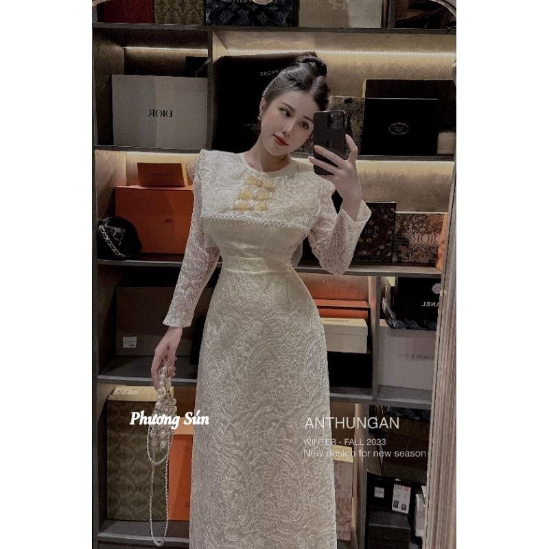 Váy Ren 3 nơ tay dài Nâu- kem 💯HÀNG THIẾT KẾ TẾT 2024 💖