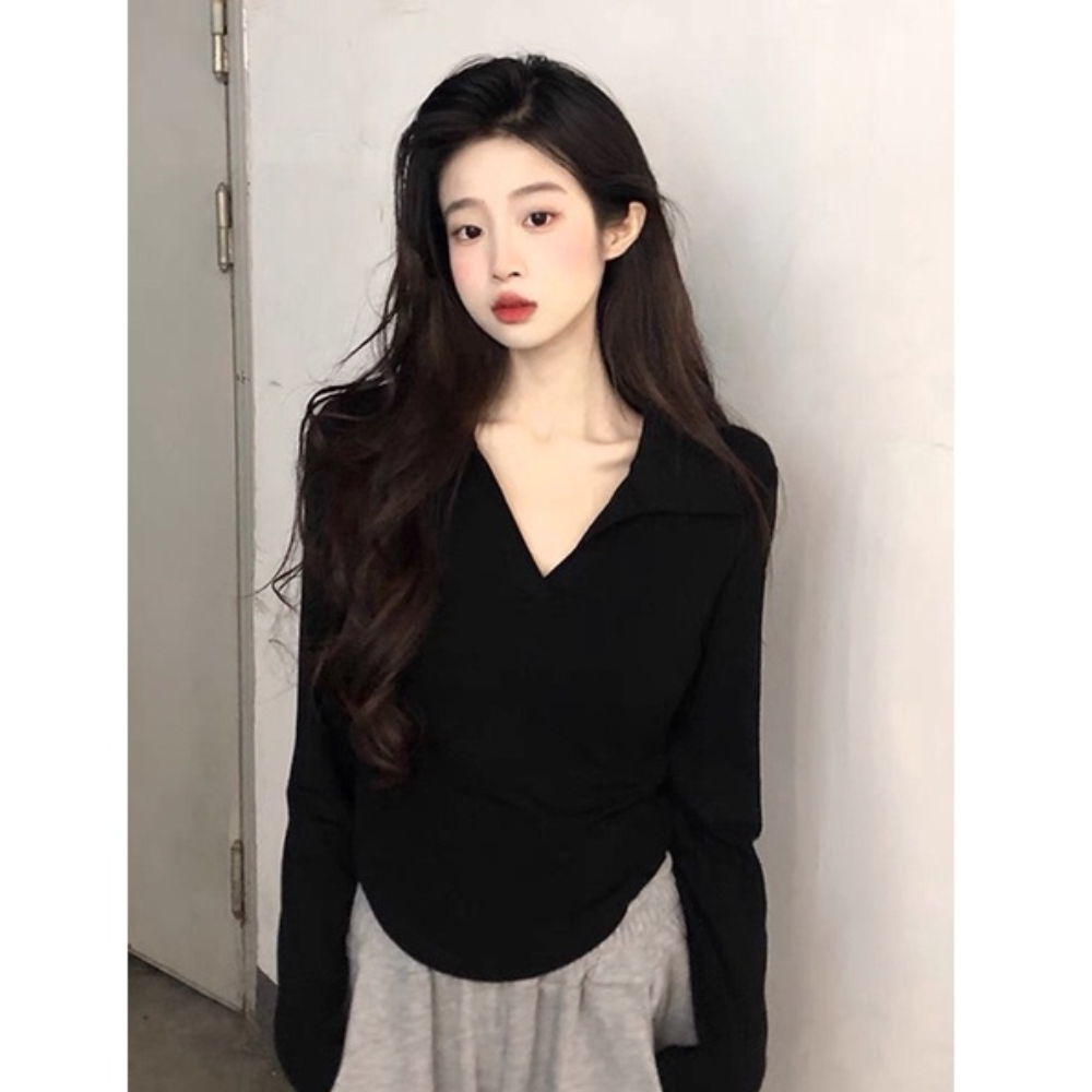 Áo thun polo dài tay dáng ôm croptop vạt bầu, chất vải mỏng nhẹ mềm mịn