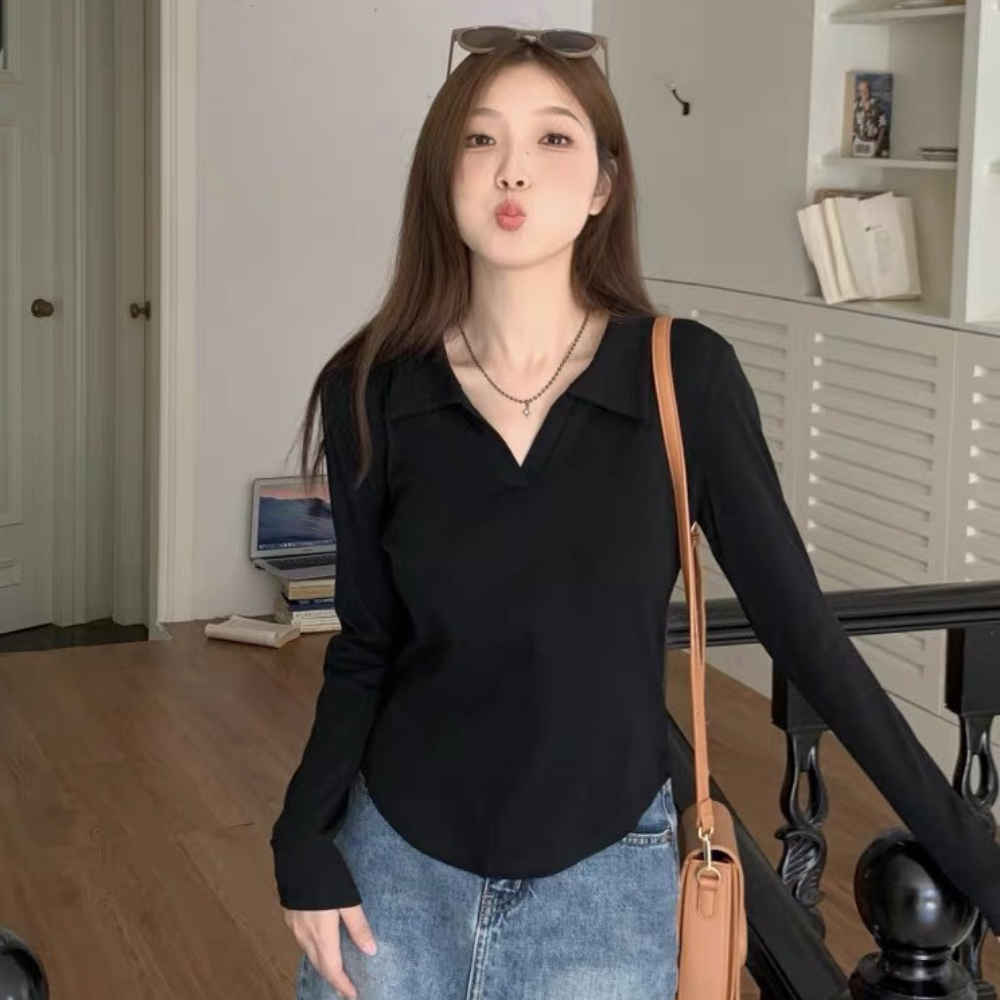 Áo thun polo dài tay dáng ôm croptop vạt bầu, chất vải mỏng nhẹ mềm mịn
