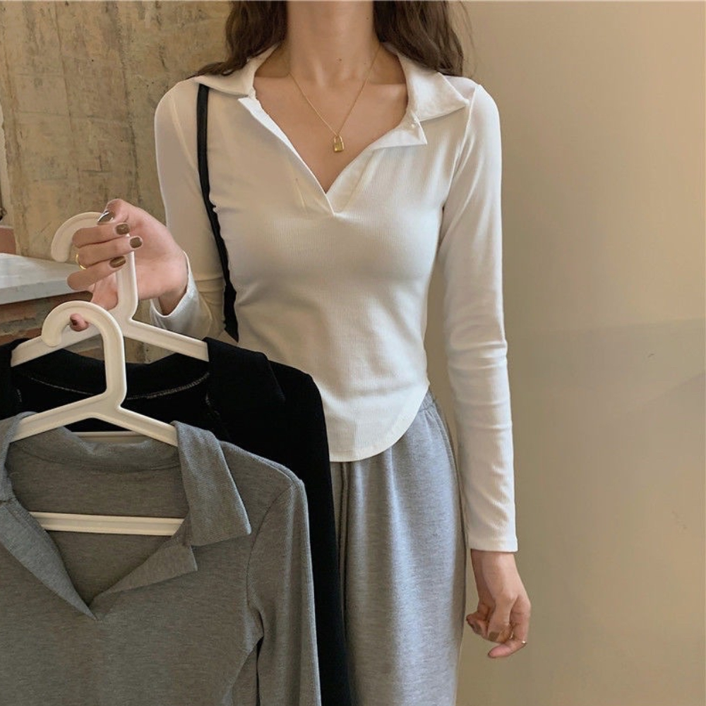 Áo thun polo dài tay dáng ôm croptop vạt bầu, chất vải mỏng nhẹ mềm mịn