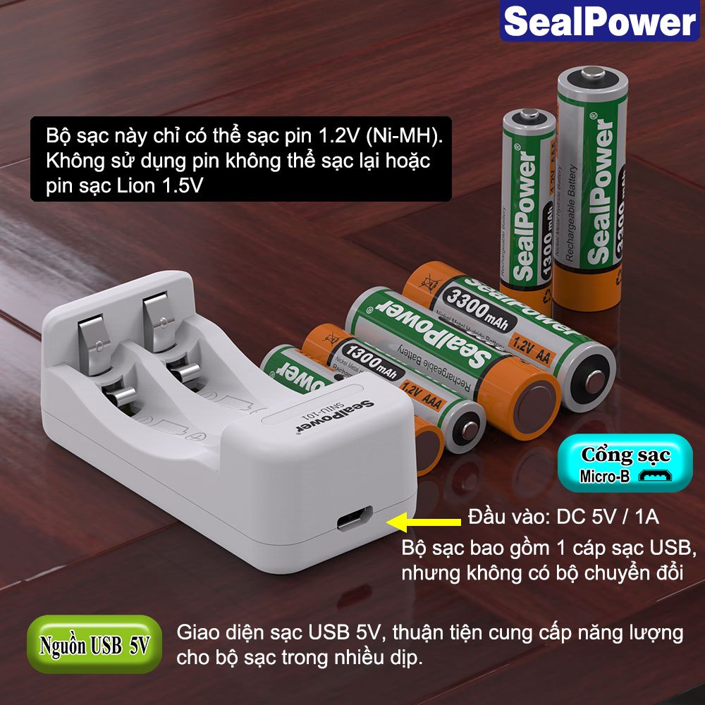 Bộ sạc tiêu chuẩn SealPower SNIU-101, pin sạc AA3300mAh,AAA1300mAh,pin sạc 1.2V,pin sạc SealPower chính hãng