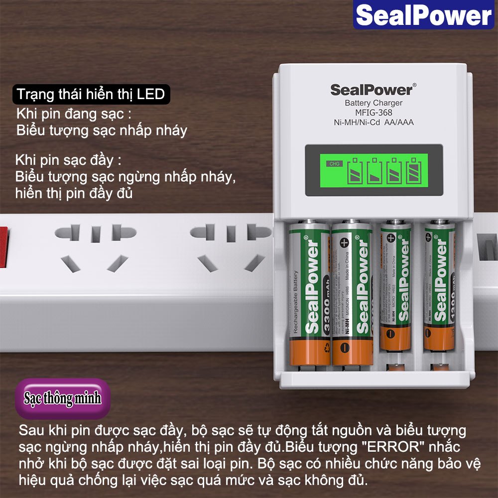 Bộ sạc thông minh SealPower MFIG-368 kèm pin sạc AA3300mAh,AAA1300mAh,pin sạc 1.2V,pin sạc SealPower chính hãng
