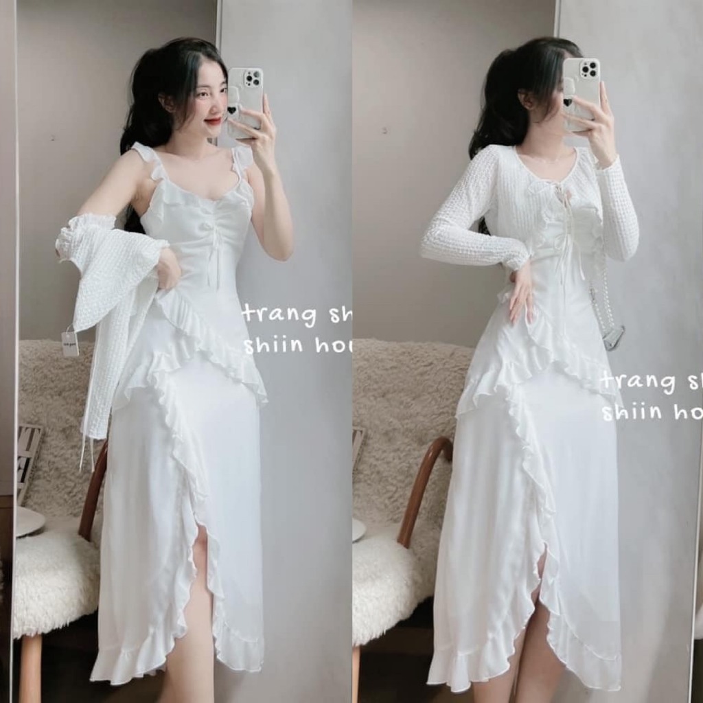 Set bộ đồ nữ váy 2 dây phối viền bèo tầng xẻ tà xinh phối áo khoác xốp nhung croptop với tone màu trắng diện tôn dáng