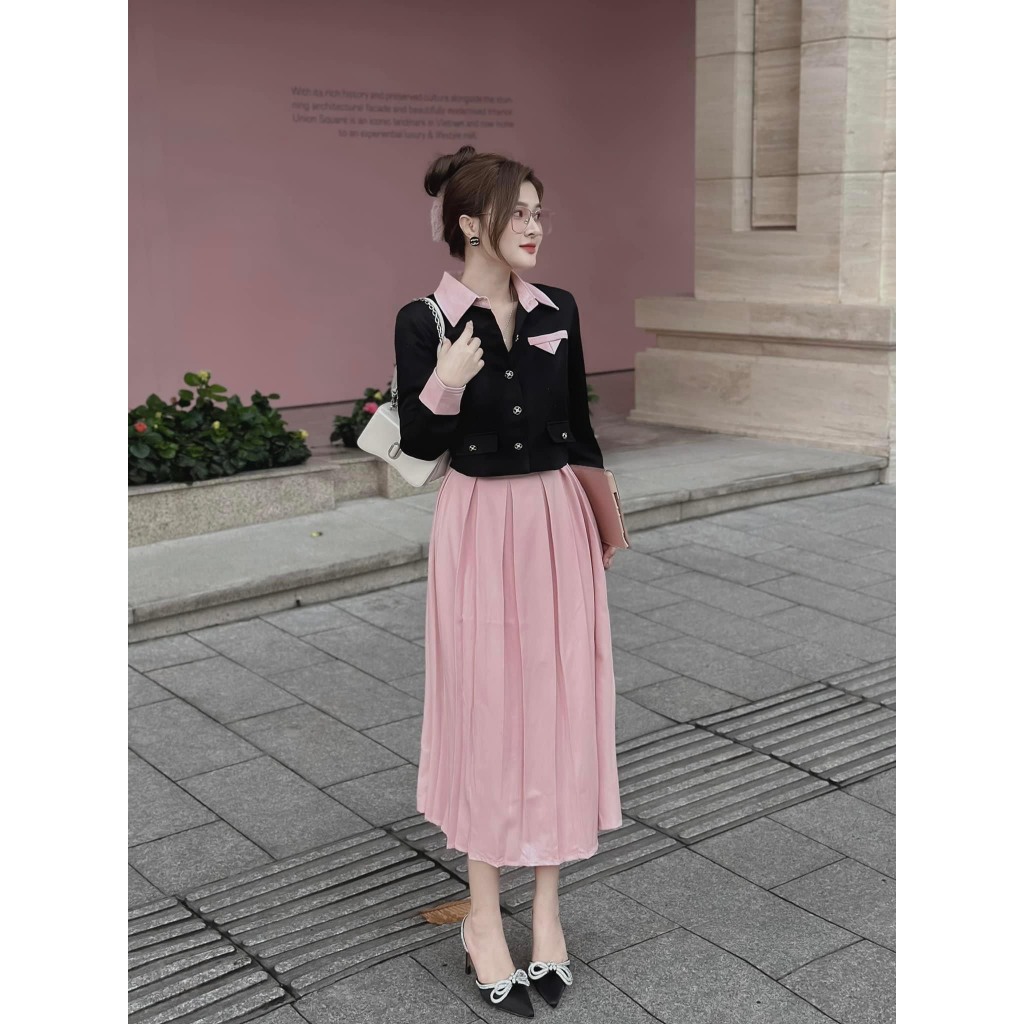 Set bộ đồ nữ tiểu thư dáng dài áo lenin dài tay bẻ lai mix chân váy với 2 tone màu phối hồng - đen xinh xắn