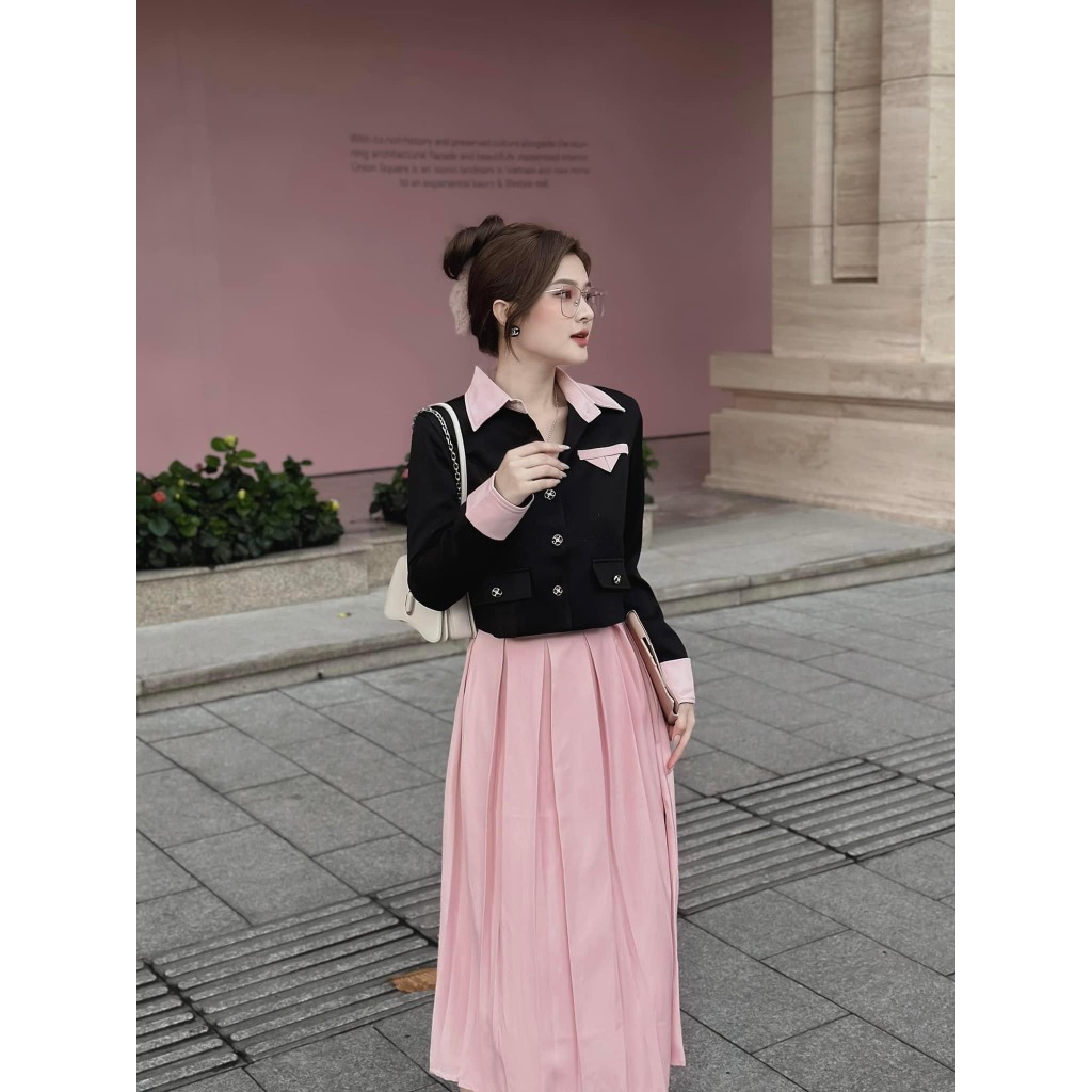 Set bộ đồ nữ tiểu thư dáng dài áo lenin dài tay bẻ lai mix chân váy với 2 tone màu phối hồng - đen xinh xắn
