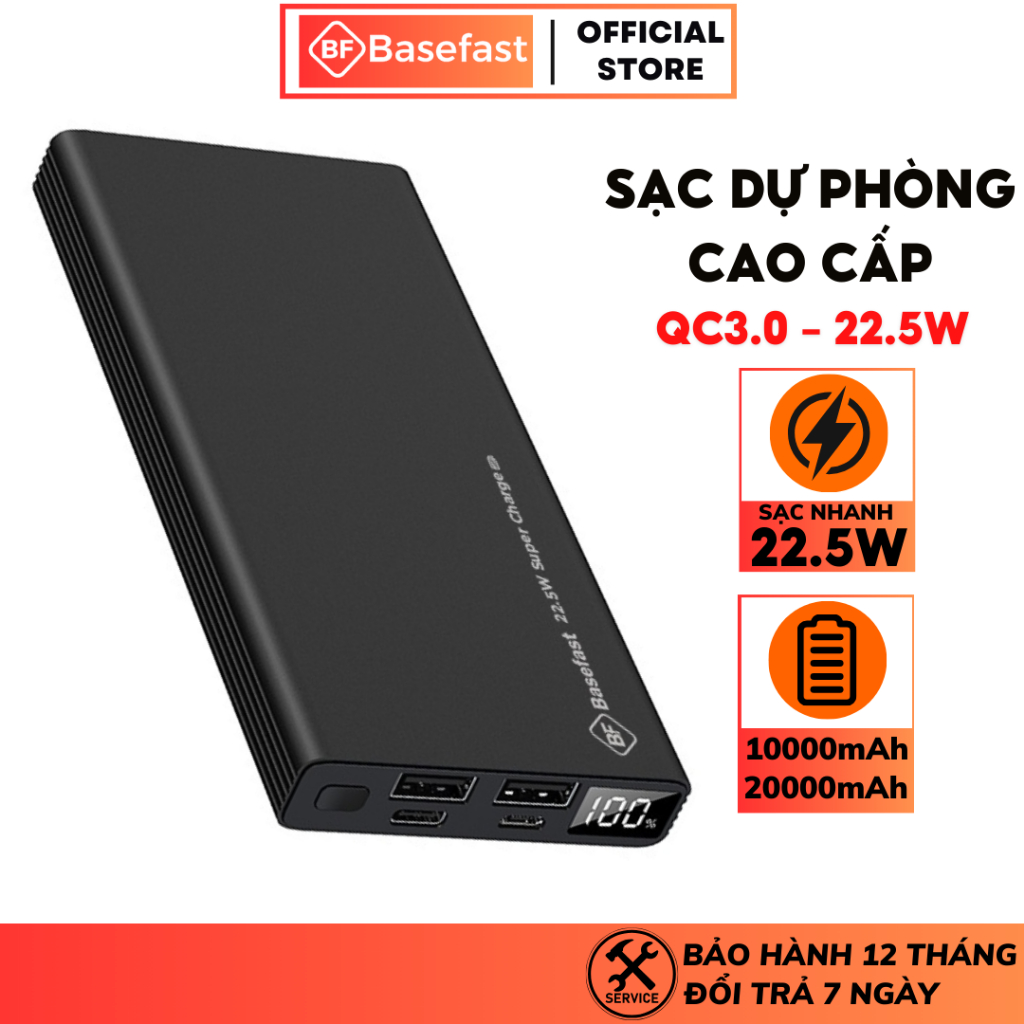 Sạc dự phòng 20000mAh Basefast Pin sạc nhanh 22.5W Vỏ Metal siêu bền chống cháy nổ cho lP Samsung