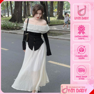 Váy Maxi Voan Tơ UYÊN BABY Set Áo Thun Gân Trễ Vai Bèo + Chân Váy Voan Tơ 2 Lớp, Đầm Dự Tiệc Tiểu Thư Sang Trọng