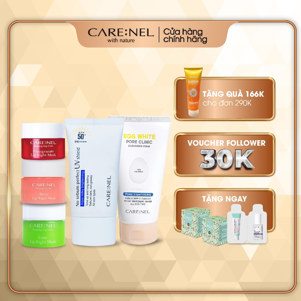 Combo Sữa rửa mặt trứng Egg White, kem chống nắng SPF50+/PA++++ và mặt nạ ngủ môi dâu Berry Lip Mask