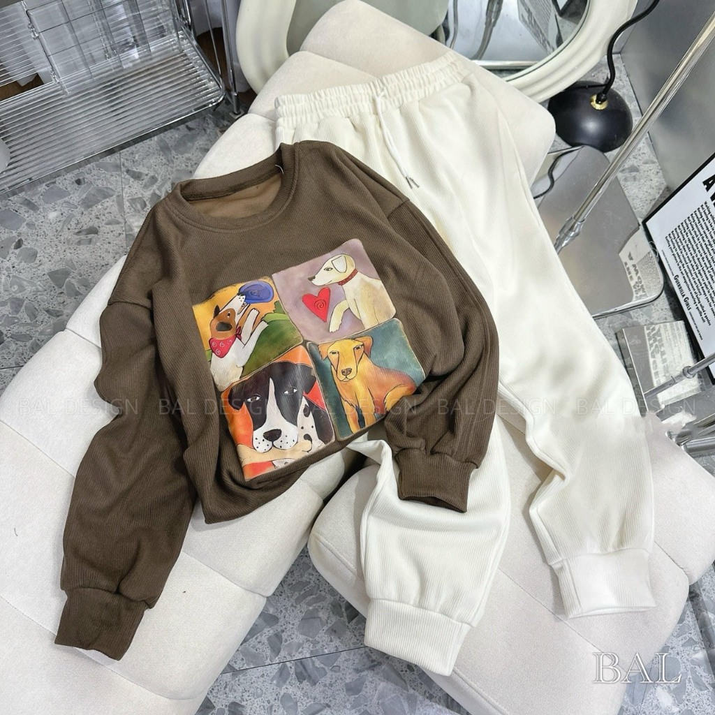 Set quần áo nỉ chó hàng thu đông, nỉ chó thu đông cutee đáng yêu