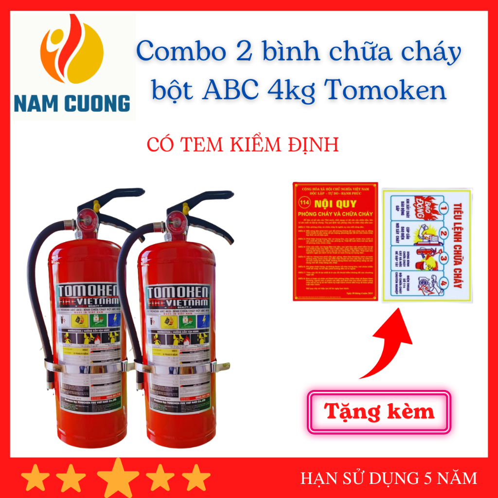 Combo 2 bình chữa cháy bột ABC 4kg, có tem kiểm định pccc có đồng hồ đo áp suất bình