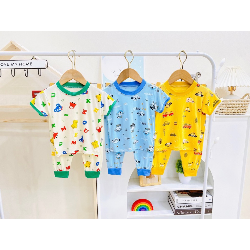 Bộ Tay ngắn, Quần dài Thun Lạnh MINKY MOM In họa tiết Hình Động Vật Dễ Thương Cho Bé