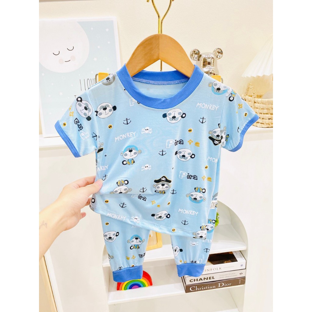 Bộ Tay ngắn, Quần dài Thun Lạnh MINKY MOM In họa tiết Hình Động Vật Dễ Thương Cho Bé