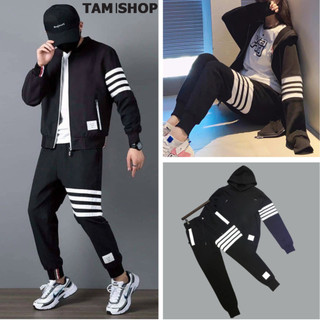 Bộ Nỉ Thể Thao 4 Sọc Thu Đông, Bộ Thể Thao, Có Video Sét Quần Áo Nam Nữ 2024 Gồm Quần Jogger Và Áo Khoác Khóa Kéo Có Nón