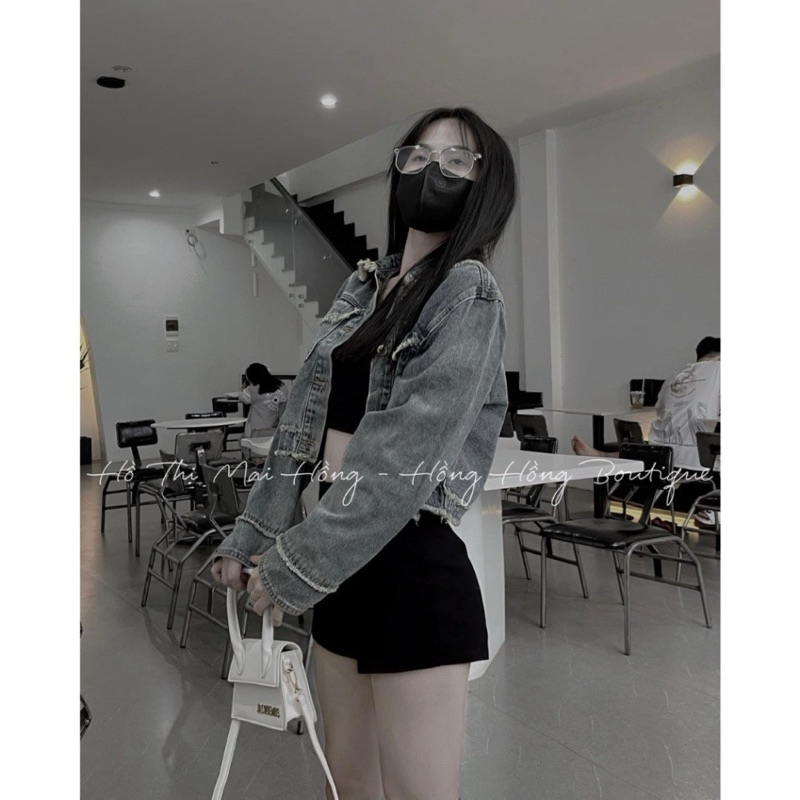 Áo Khoác Jeans Rách Viền Tua Rua, Áo Khoác Bò Dài Tay Croptop