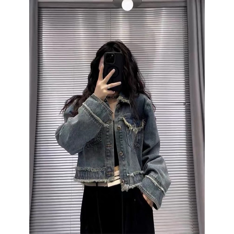 Áo Khoác Jeans Rách Viền Tua Rua, Áo Khoác Bò Dài Tay Croptop