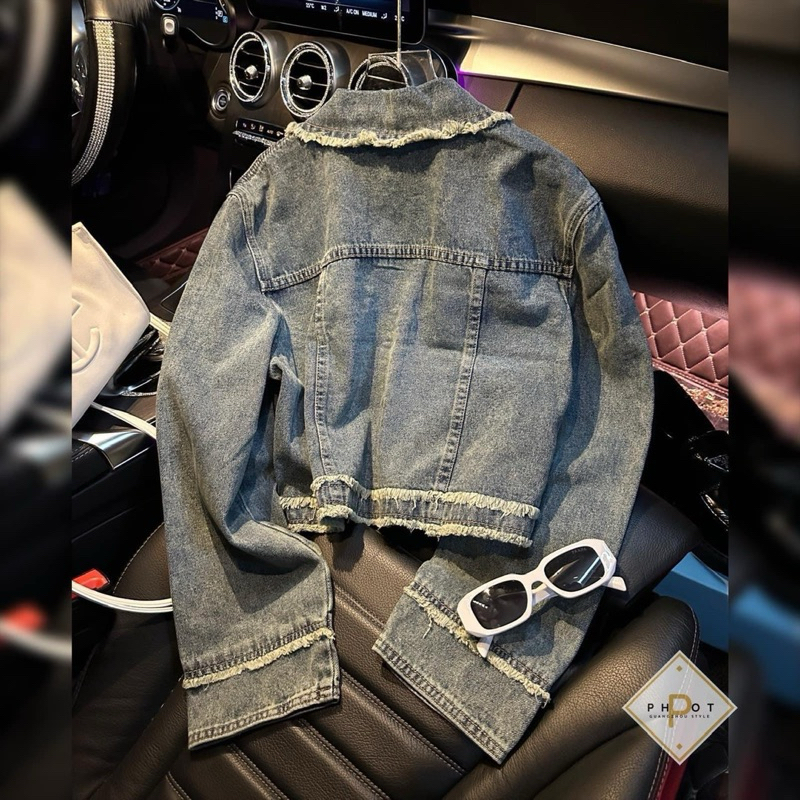 Áo Khoác Jeans Rách Viền Tua Rua, Áo Khoác Bò Dài Tay Croptop