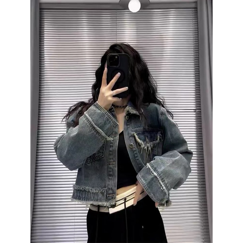Áo Khoác Jeans Rách Viền Tua Rua, Áo Khoác Bò Dài Tay Croptop