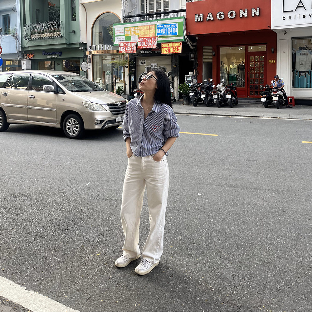 TheBlueTshirt - Quần Jeans Nữ Lưng Cao Ống Suông Màu Trắng - The Original Grandpa Jeans - White Vintage