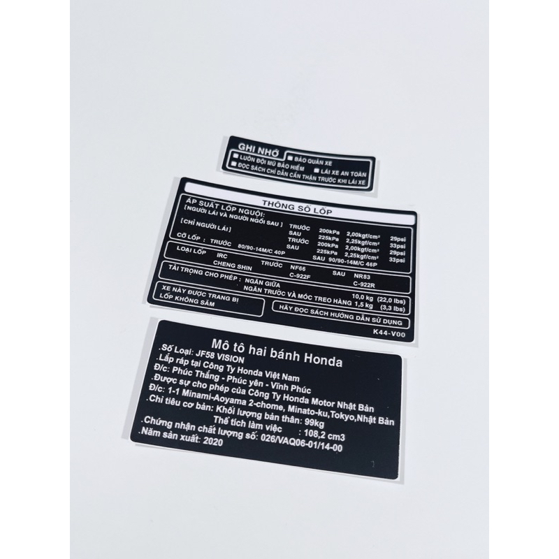 Tem thông số xe Vision 2020  có sẵn keo dán thay thế tem zin