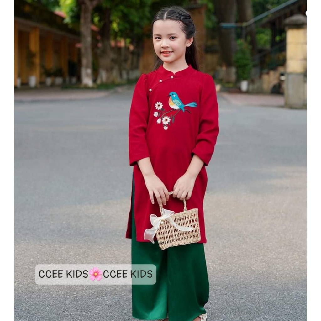 Áo dài đính ngọc hoạ tiết sắc nét cho bé diện Lễ Tết siêu đẹp