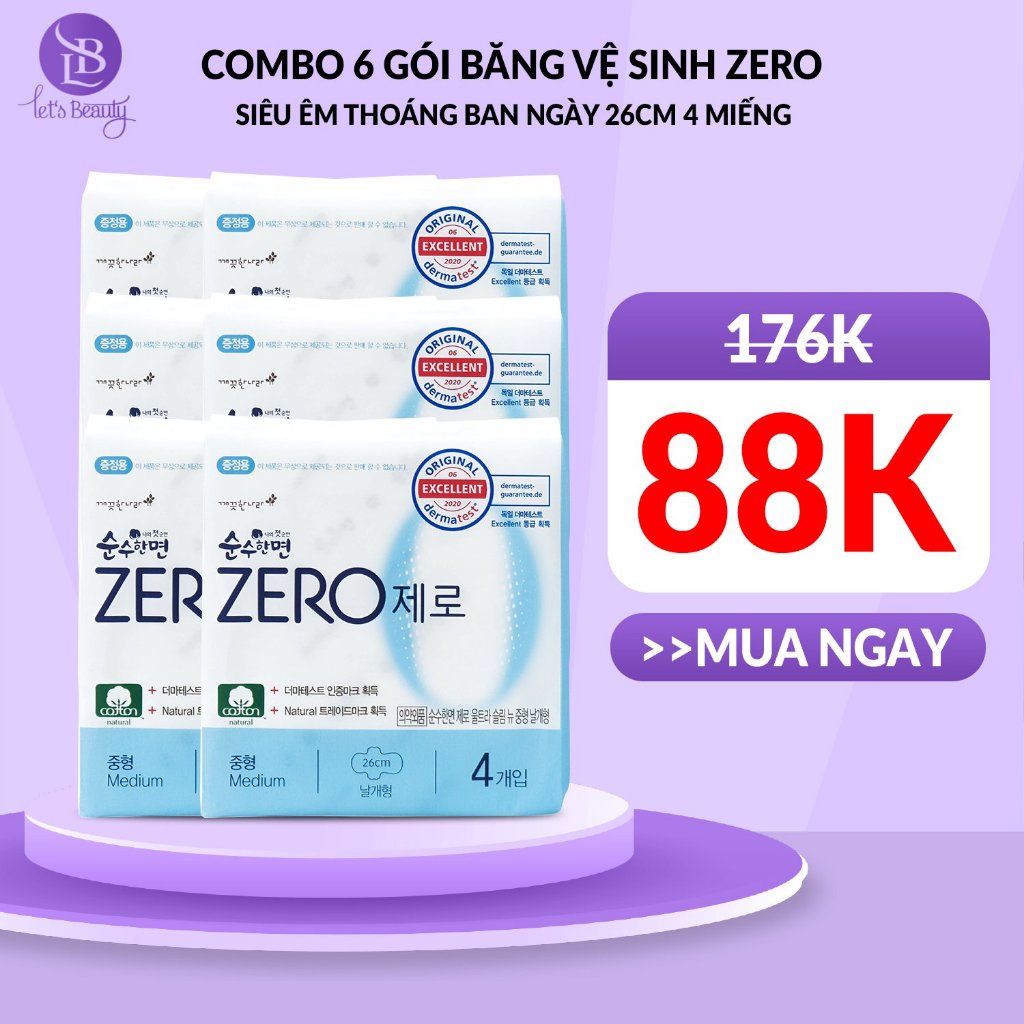 Combo 6 gói băng vệ sinh Kleannara Zero Hàn Quốc siêu êm thoáng ban ngày size M 26cm - 4 miếng/gói có cánh