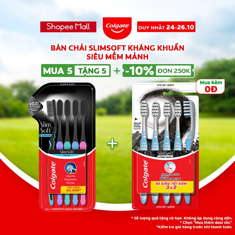 Bộ 5 Bàn chải Colgate SlimSoft Charcoal than hoạt tính kháng khuẩn siêu mềm mảnh