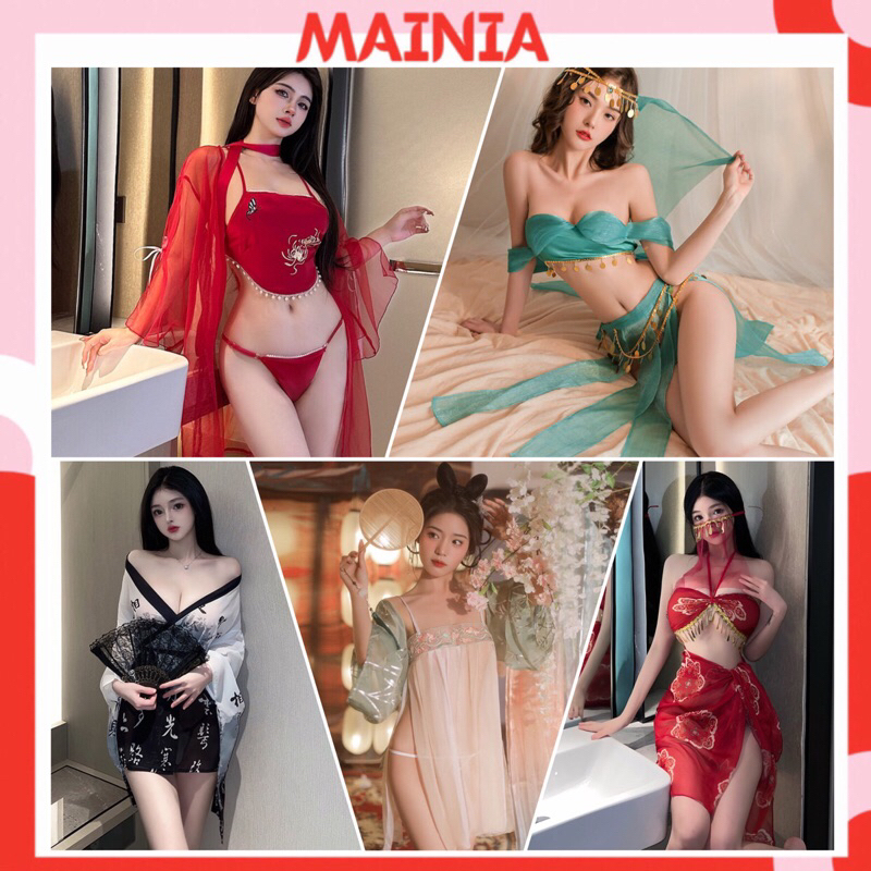Set Yếm Kèm Áo Choàng Cosplay Cô Gái Trung Hoa Xẻ Tà Xanh - Hồng Gợi Cảm Sexy Quyến Rũ Mainia Shop