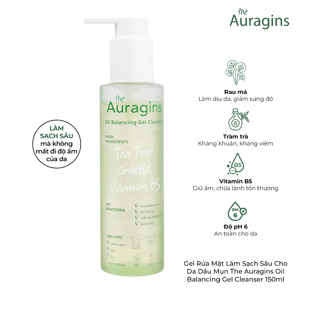 Gel rửa mặt cho da dầu mụn The Auragins Oil Balancing Gel Cleanser 150ml