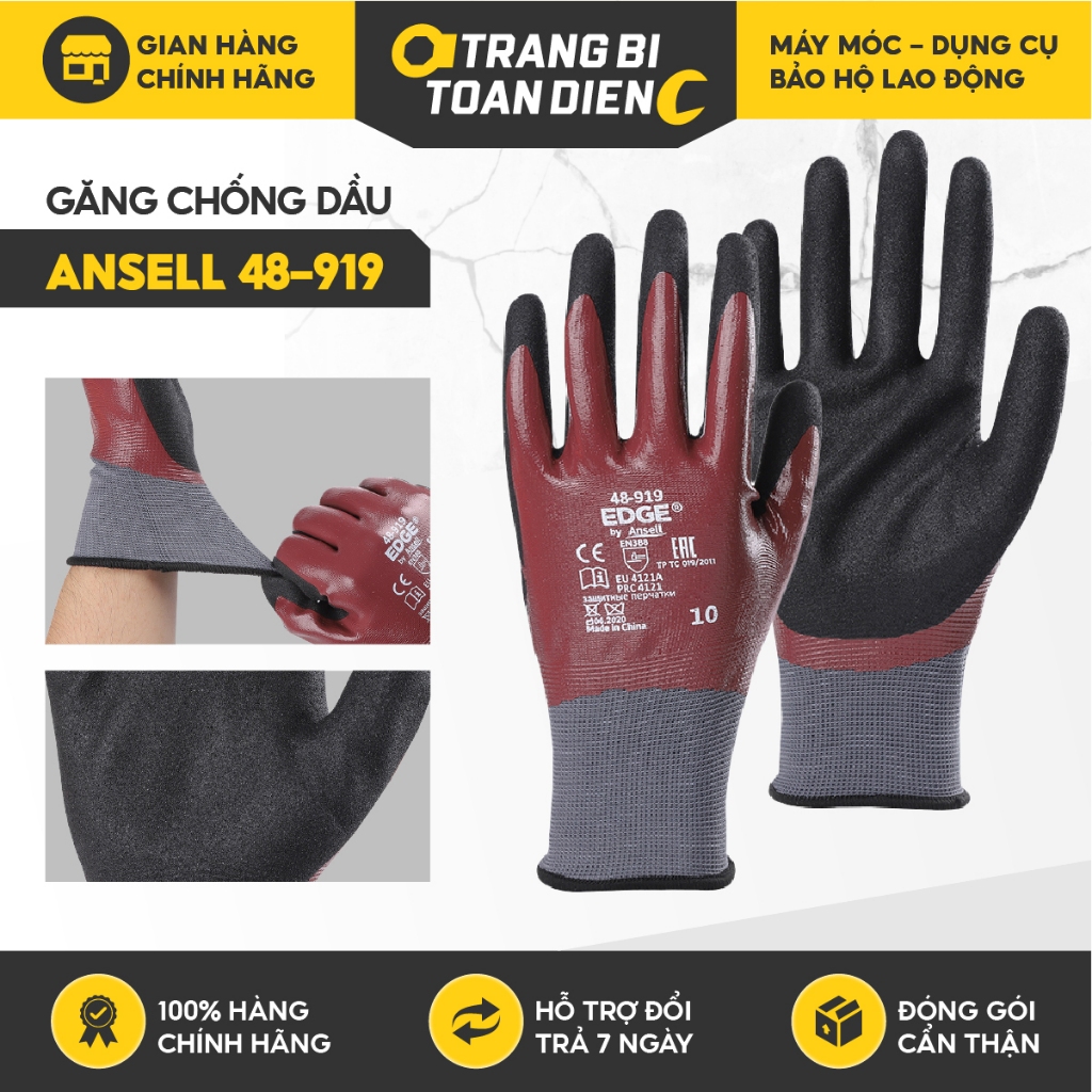 Găng tay chống dầu Ansell 48-919 phủ nitrile chống trơn trượt, mài mòn, dễ thao tác Găng tay bảo hộ