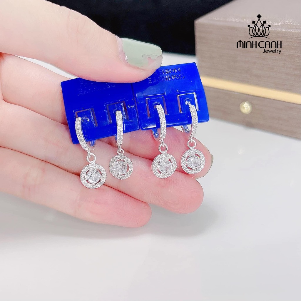 Khuyên Tai Bạc Nữ Minh Canh Jewelry Thả Đính Đá Tròn