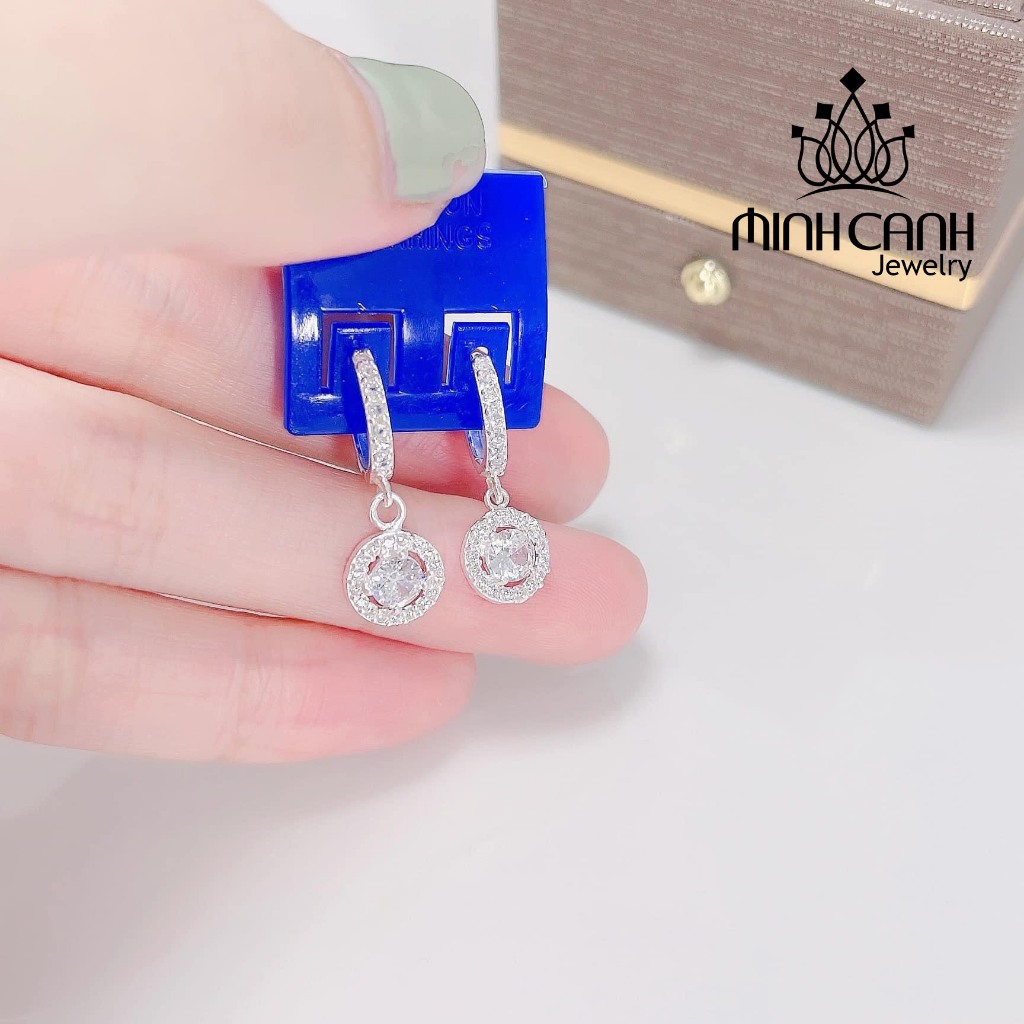 Khuyên Tai Bạc Nữ Minh Canh Jewelry Thả Đính Đá Tròn