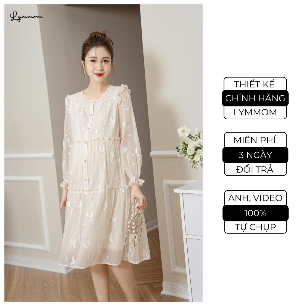 Đầm Bầu Thiết Kế LYMMOM Dự Tiệc Tay Dài Dáng Váy Suông Chất Liệu Tơ Thêu Hoa Cao Cấp Mềm Mại Thoải Mái VB087