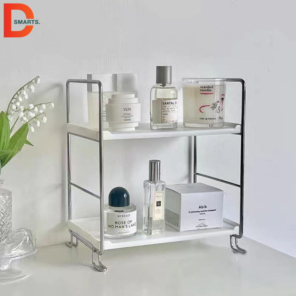 Kệ nhựa trắng 3 tầng viền inox để bàn, kệ mini để bàn đựng đồ đa năng kiểu dáng đơn giản.
