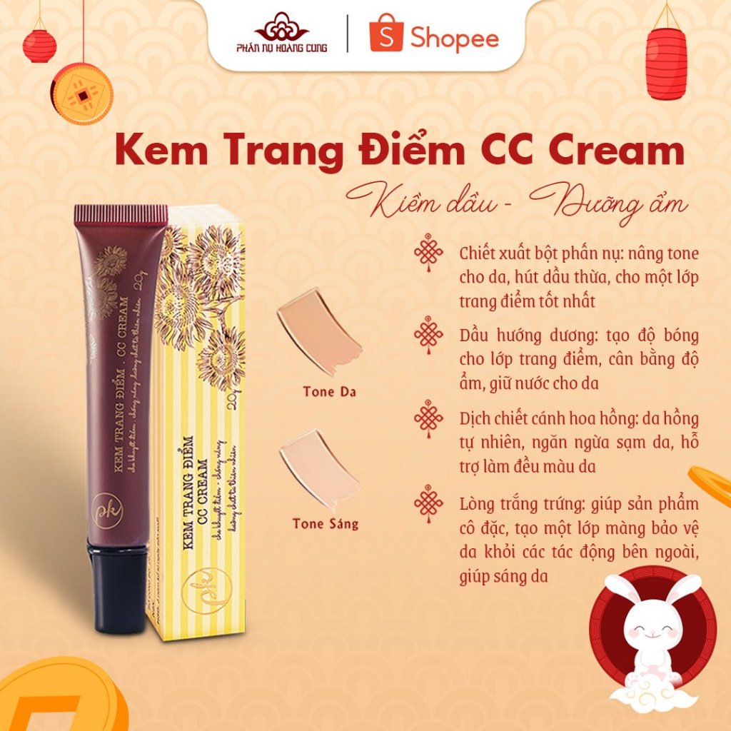 Kem Trang Điểm CC Cream,Tone Sáng, Kem Che Khuyết Điểm Phấn Nụ Hoàng Cung, Dung Tích 20g
