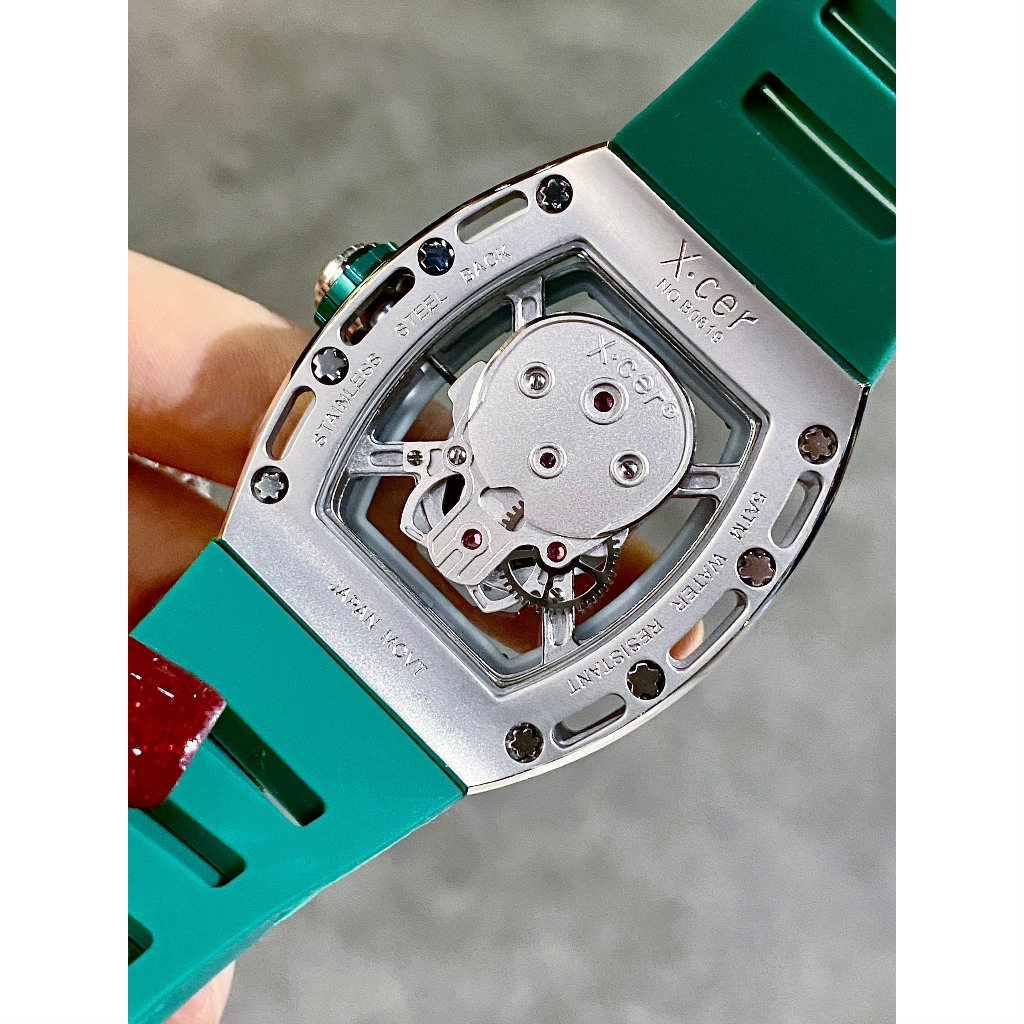 Đồng Hồ Nam Auth Xcer B0619 Green Silver Skull Automatic, Dây Silicon , Size 43mm
