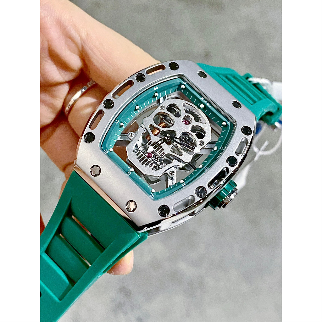 Đồng Hồ Nam Auth Xcer B0619 Green Silver Skull Automatic, Dây Silicon , Size 43mm