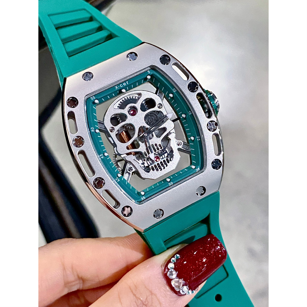 Đồng Hồ Nam Auth Xcer B0619 Green Silver Skull Automatic, Dây Silicon , Size 43mm