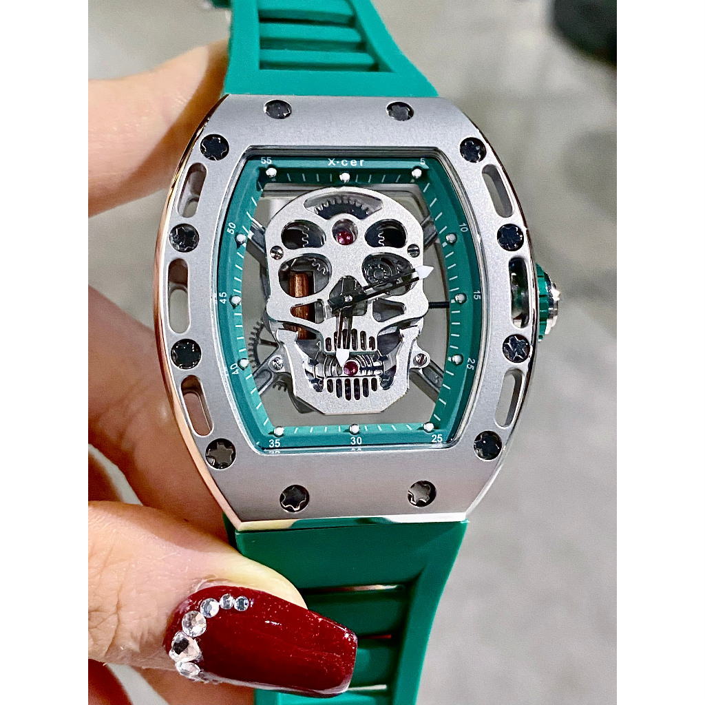 Đồng Hồ Nam Auth Xcer B0619 Green Silver Skull Automatic, Dây Silicon , Size 43mm