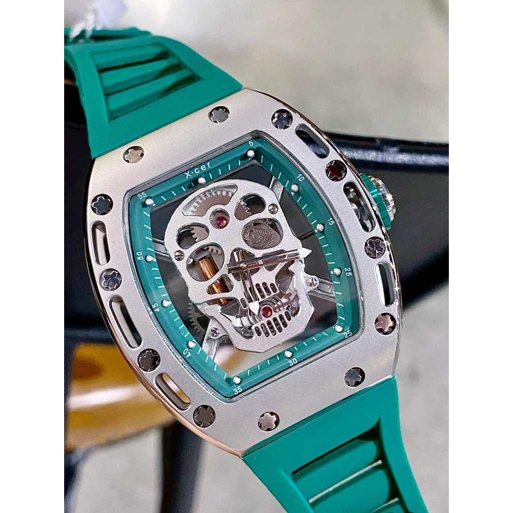 Đồng Hồ Nam Auth Xcer B0619 Green Silver Skull Automatic, Dây Silicon , Size 43mm