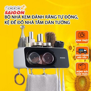 Bộ nhả kem đánh răng tự động, kệ để đồ nhà tắm dán tường có ngăn lưu trữ, có thanh treo khăn đa năng E2111 ECOCO