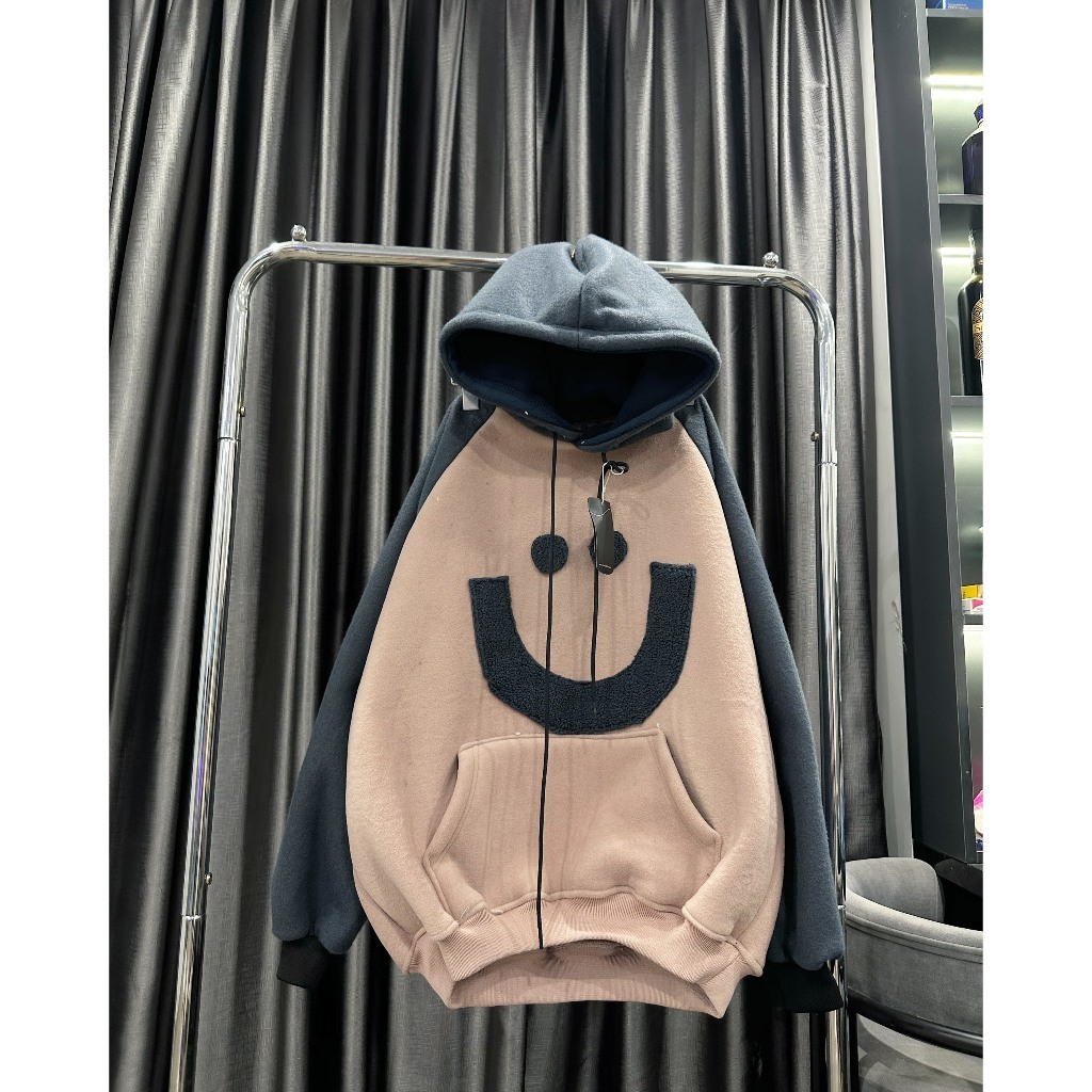 Áo Nữ, Áo Hoodie Nỉ Lót Lông Hình Mặt Cười Thêu Lông Tay Phối Màu