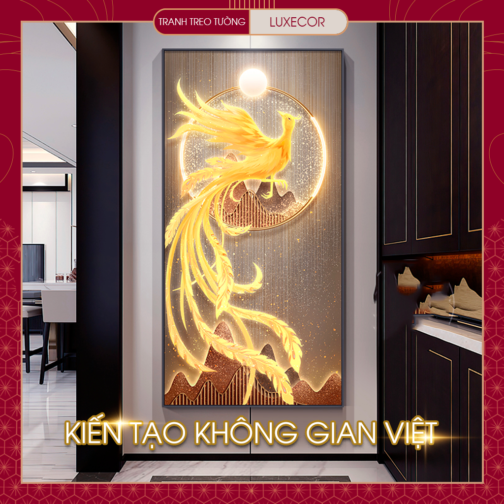 Tranh tráng gương phủ bóng treo tường phòng khách khổ lớn có khung chim phượng hoàng lộng lẫy đầy quyền lực LUX-PH