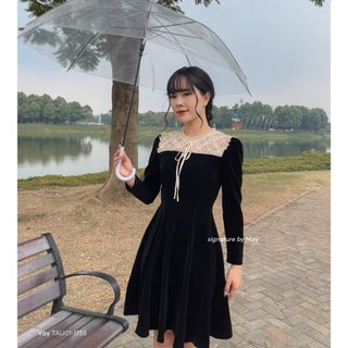 Váy Xòe MAY.SINCE2011 Thiết Kế Cổ Ren Phối Nơ Cổ Nhỏ Tiểu Thư Thanh Lịch TAU01-1755