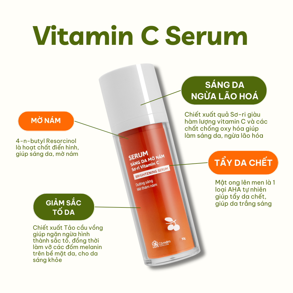 Serum Vitamin C sáng da mờ thâm nám tàn nhang dưỡng da chiết xuất Sơ-ri Cỏ Mềm 30gr